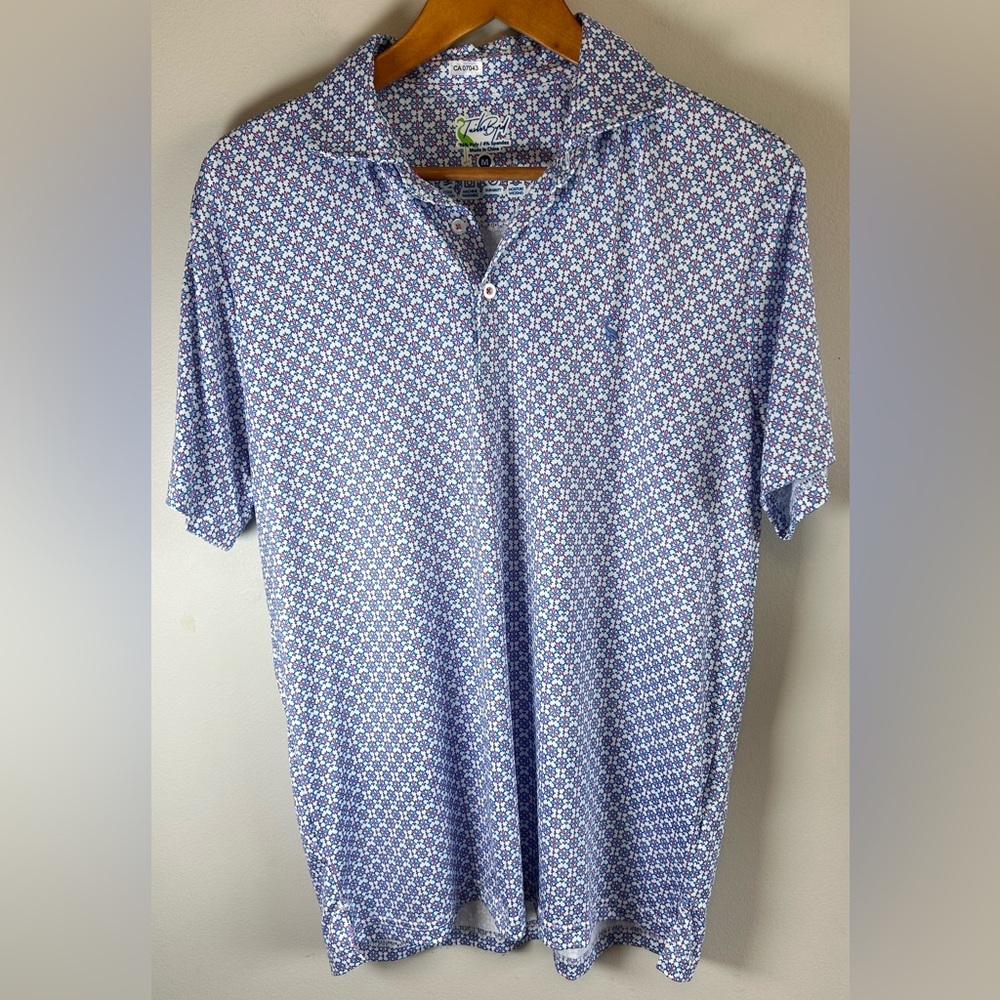 Tailorbyrd Mens Golf Polo Shirt M Blue White Geometric Performance SPF 30 NWOT